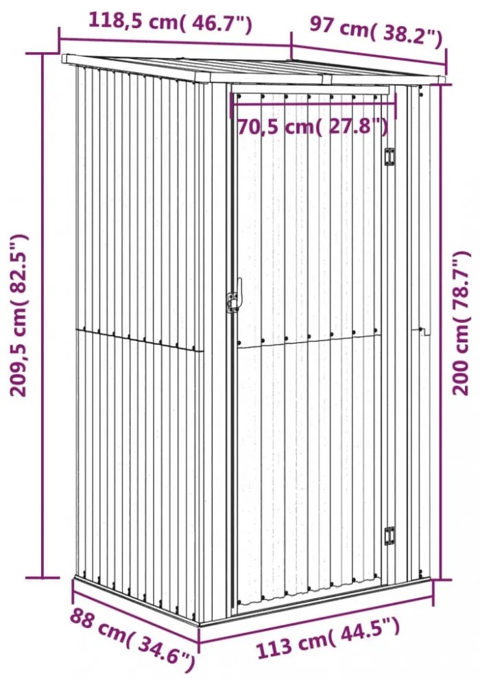 barna horganyzott acél kerti fészer 118,5 x 97 x 209,5 cm