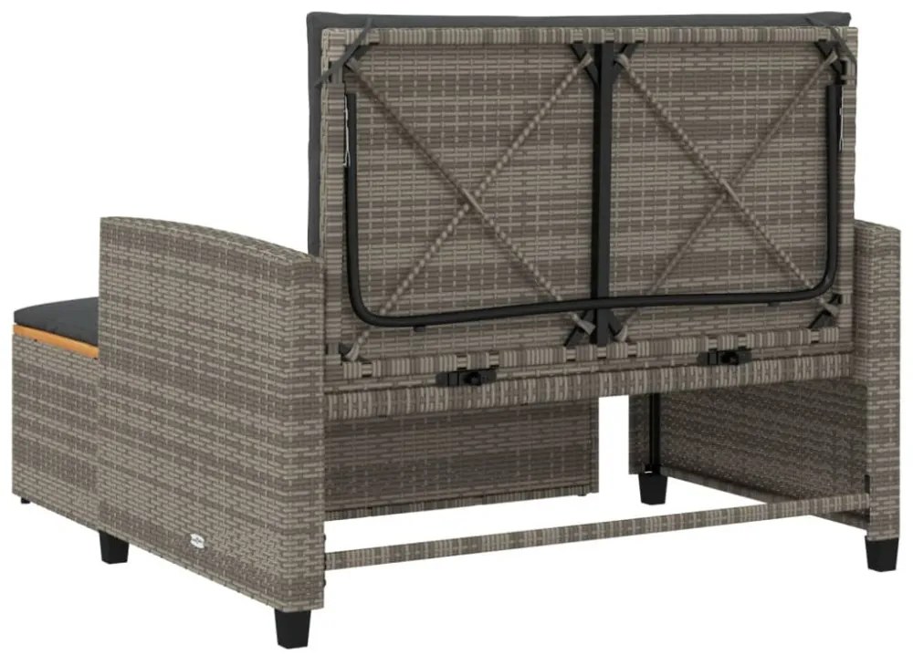 2 személyes szürke polyrattan/akácfa kerti kanapé párnával