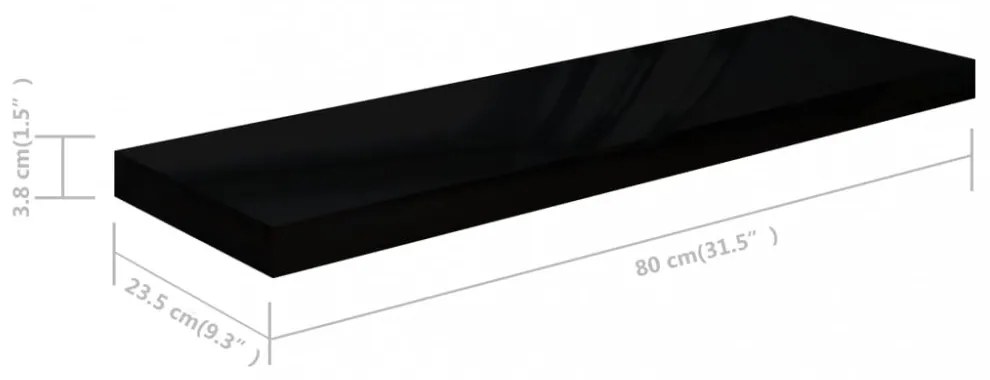 4 db magasfényű fekete MDF lebegő fali polc 80 x 23,5 x 3,8 cm