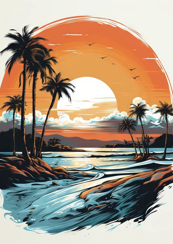 Naplemente pálmafákkal poszter - 40x60 cm, Fekete paszpartuval