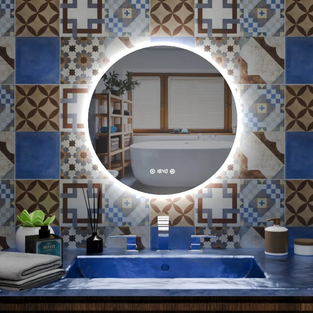 Ø60cm kerek LED tükör | Páramentesítő - Óra - Fényerő + színhőfok állítás