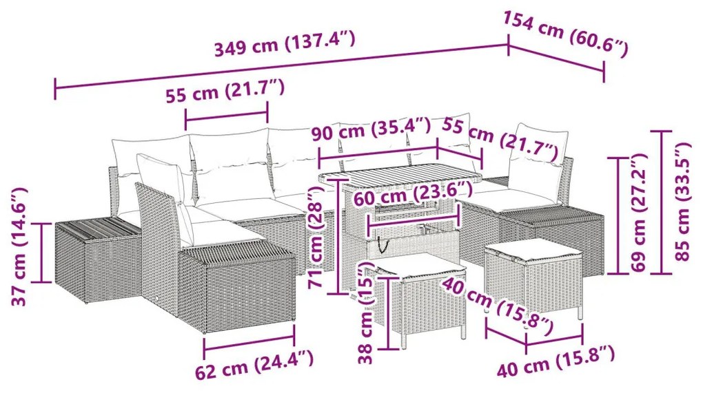 10 részes Kerti Kanapé Szett Párnákkal Fekete Poli Rattan Akáccal, 2-Fős Kerti Kanapé Párnákkal Fekete Poli Rattan, 3 részes Kerti Étkező Szett Párnákkal Fekete Poli Rattan Akáccal