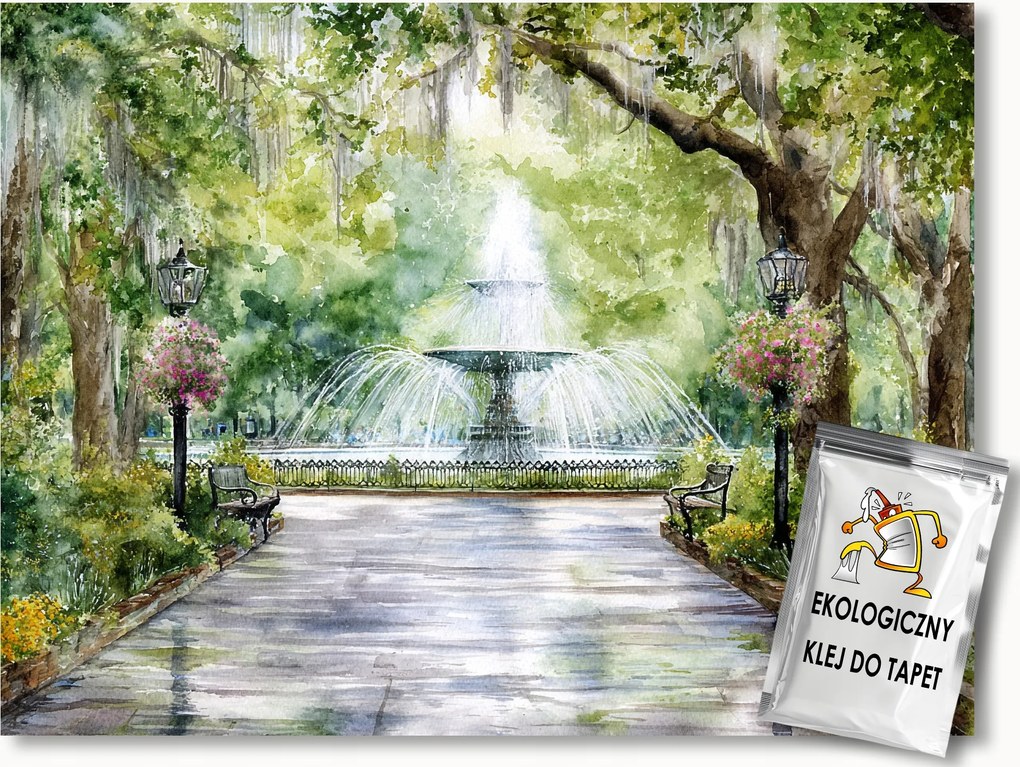 Fotótapéta Flizelina Tavasz Nyár Park Sikátor Szökőkút Virágok 400x280 ragasztó