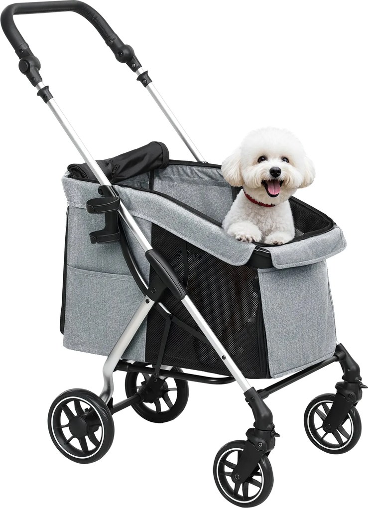 PawHut Összecsukható Kutyakocsi Kicsi Kutyák Számára Univerzális Kerekekkel Alumínium Váz Biztonsági Pánttal Mosható Párna és Hálóablakok 80x48.5x106