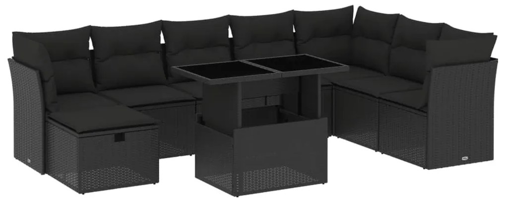 9 részes fekete polyrattan kerti ülőgarnitúra párnákkal