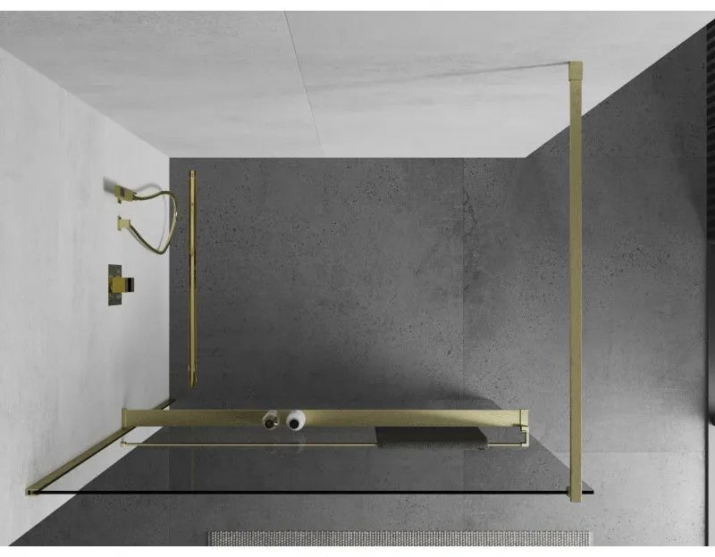 Mexen Kioto+, Walk-In zuhanyparaván polccal és akasztóval 80 x 200 cm, 8 mm átlátszó üveg, arany matt profil, 800-080-121-55-00