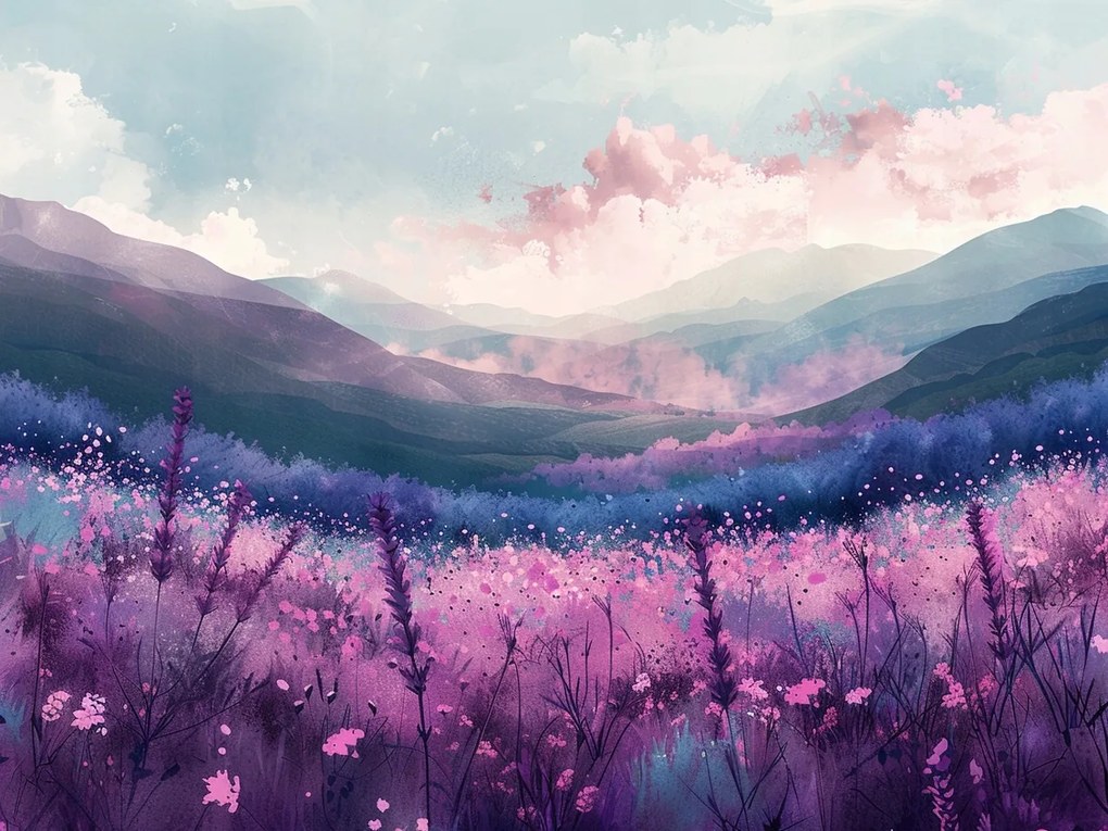 Vászonkép Canvas Tájkép Hajnal Hegyek Rét Virágok Köd 100x75