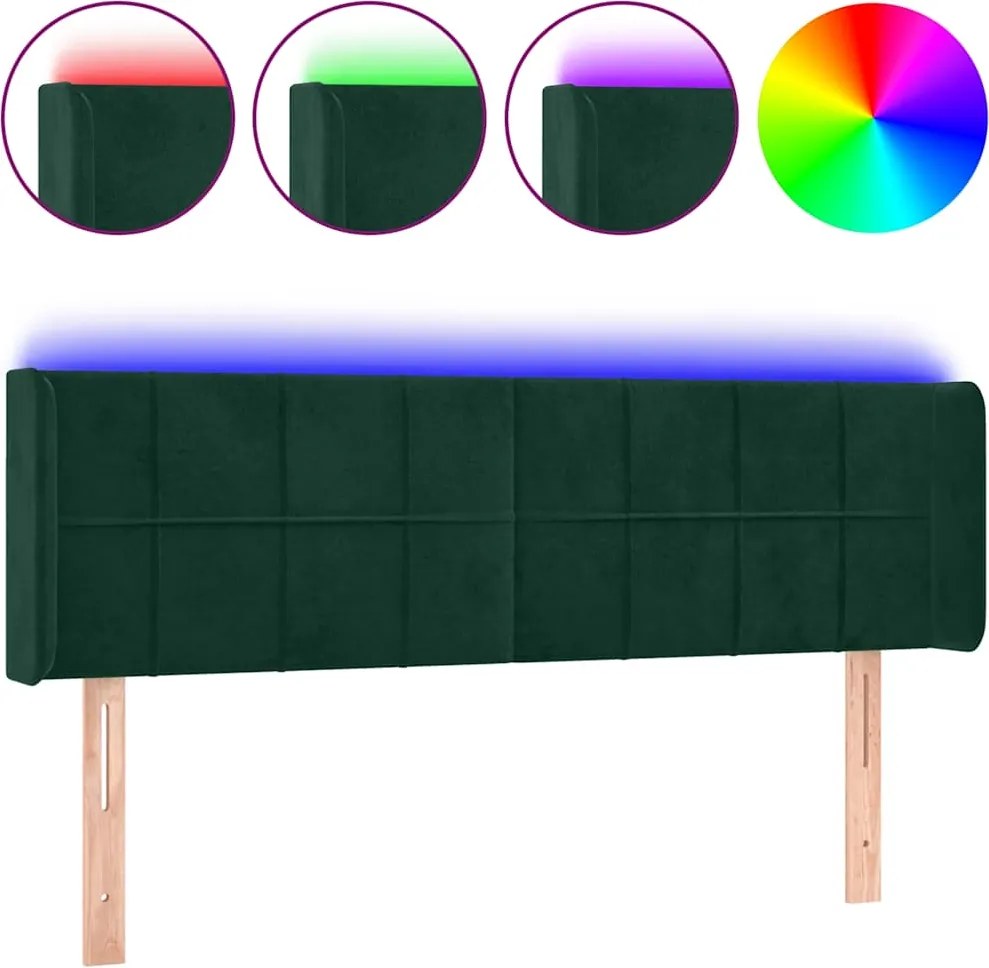 vidaXL sötétzöld bársony LED-es fejtámla 147 x 16 x 78/88 cm