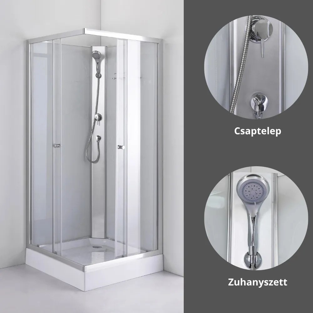Stuxi Genova 90x90 cm szögletes két tolóajtós fehér hátfalas zuhanykabin 5 mm üveggel zuhanytálcával és csapteleppel