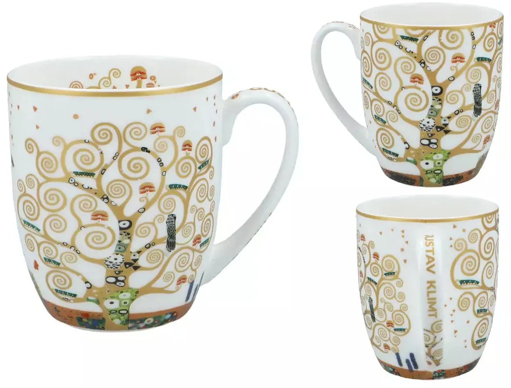 Porcelán bögre 400 ml fém díszdobozban Klimt Életfa fehér arany mintás