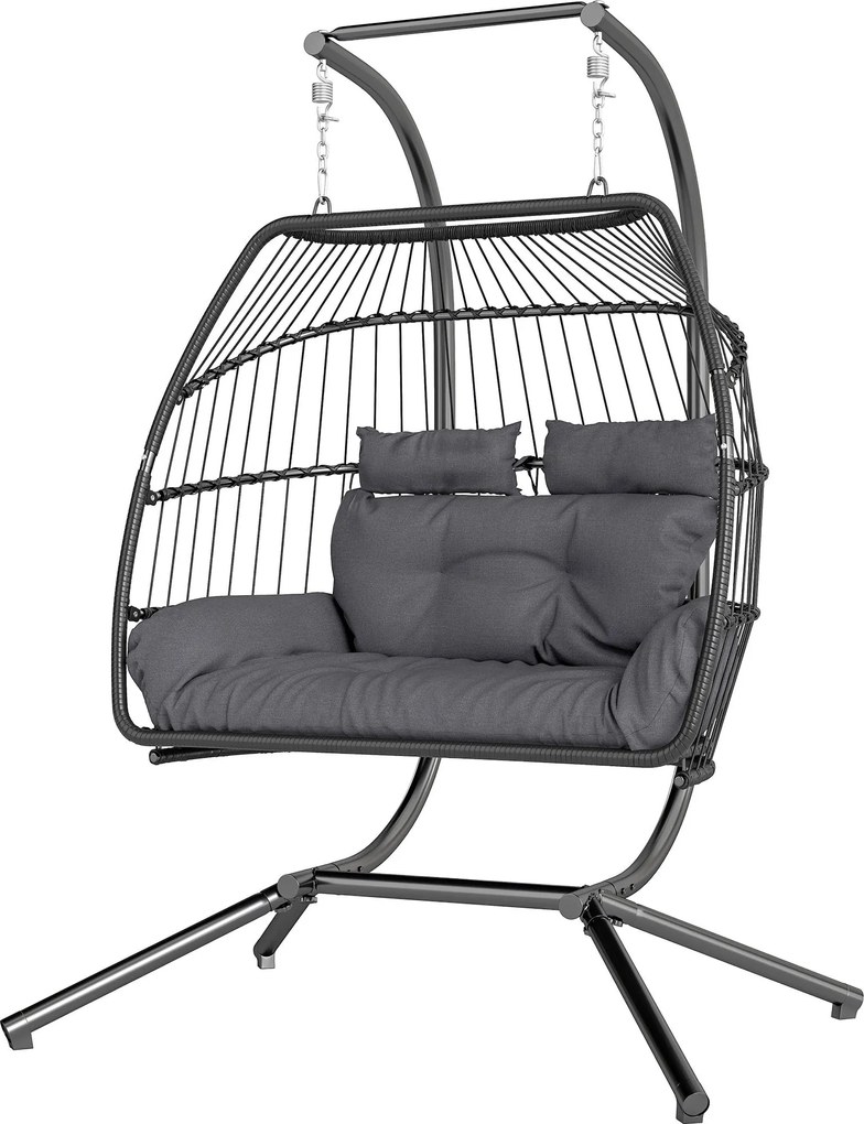 Outsunny Függőszék Összecsukható Állvánnyal, Függő Kosár Párnával, Poly Rattan Ergonomikus Hintaágy 2 Személynek, Kültéri Függőszék, Terhelhetőség 260