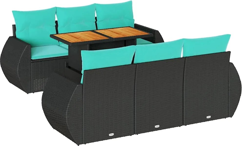 vidaXL 7 részes fekete polyrattan kerti ülőgarnitúra párnával