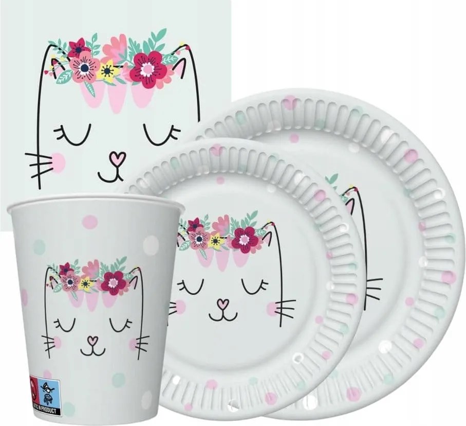 Cica étkészlet szett bögrék, tányérok, eldobható szalvéták