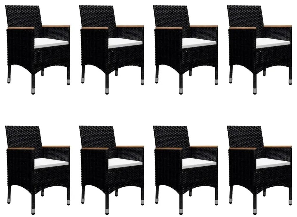 9 részes fekete polyrattan és edzett üveg kerti étkezőszett