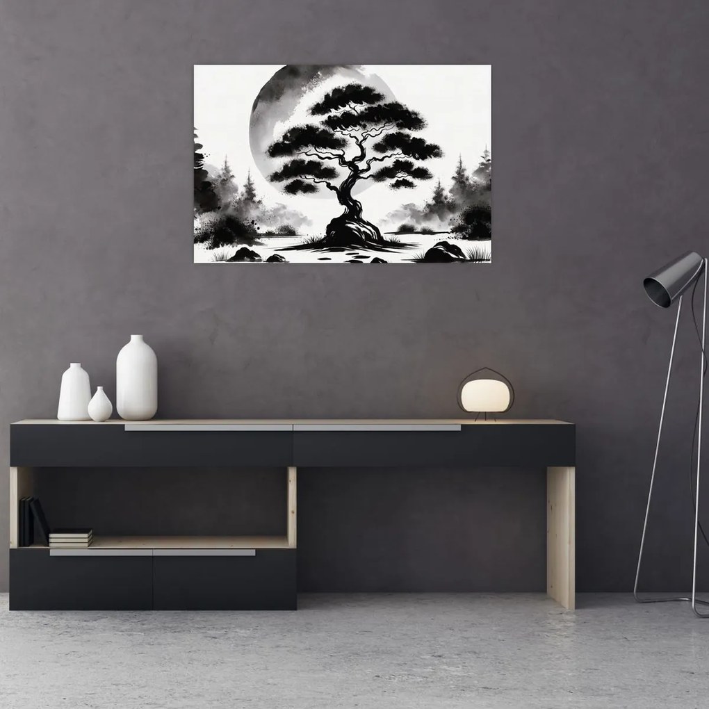 Kép – Fekete-fehér bonsai (90x60 cm)
