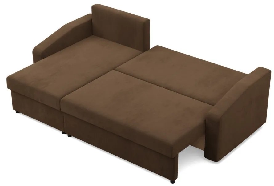 Zeus sarokkanapé, 2 ágyneműtartóval, döntött kartámasz, szövet anyag, univerzális oldal, bonell töltet, barna