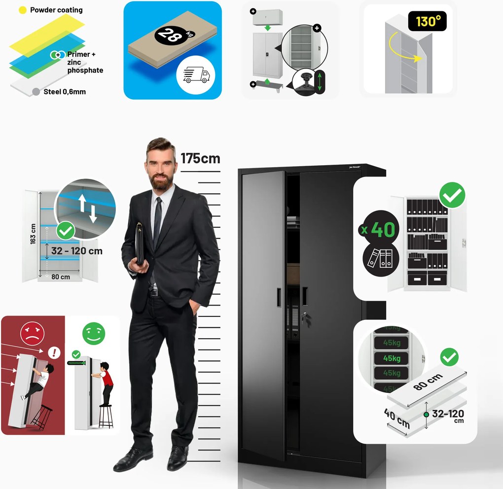 Fekete JAN Compact fémszekrény 1750 x 800 x 400 mm