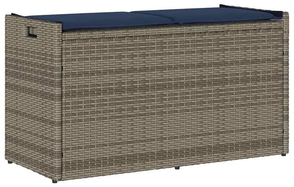 Szürke polyrattan kültéri tárolópad párnával 100 cm