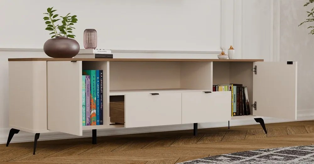 RTV CORDOBA 2D2S TV állvány 186x43x11.5 cm, kasmír, fekete lábakkal, tölgy fedlappal