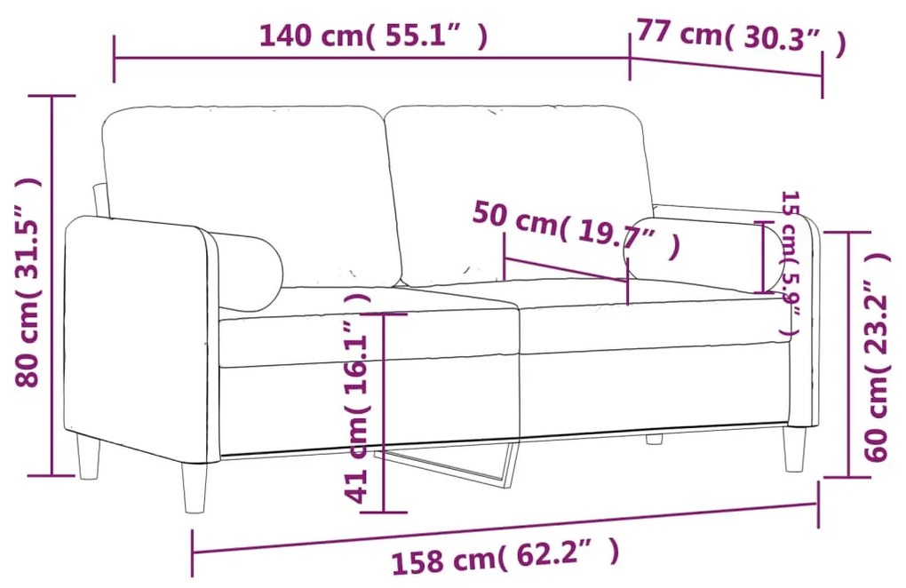 2 személyes krémszínű bársony kanapé díszpárnákkal 140 cm