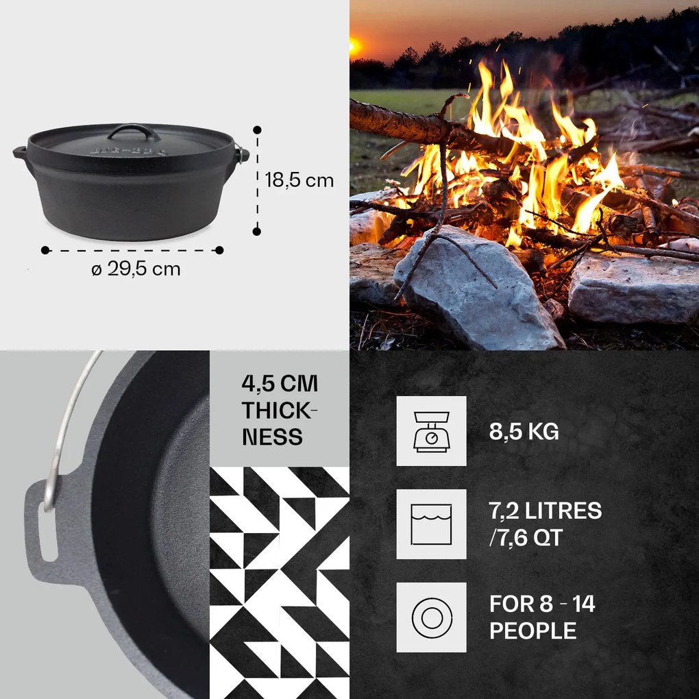 Klarstein Galloway, öntöttvas edény, 7.6 barbecue edény, öntöttvas, hőkezelt, L/7,2 l méret