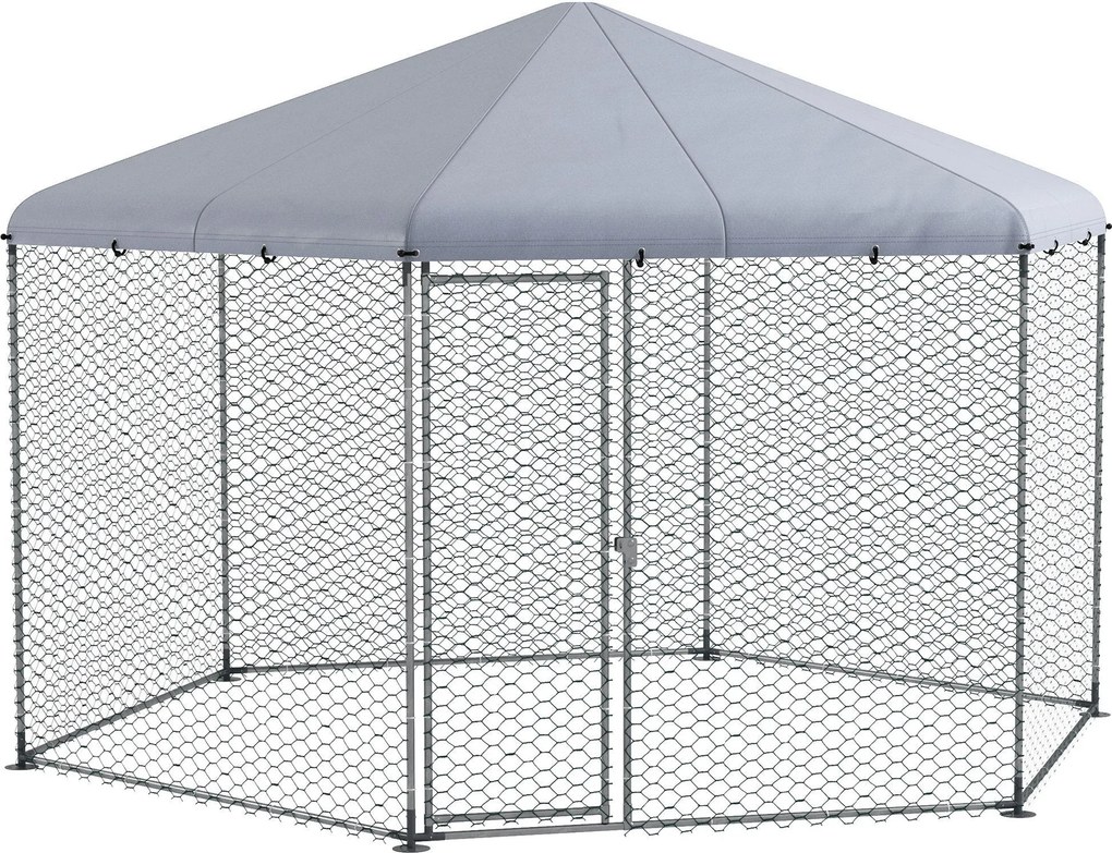 PawHut Szabadon Nevelhető Tyúkól 400 x 346 x 263 cm Acélból, Tyúk Ketrec Fedéllel, Ajtóval, 10-15 Tyúk, Kisebb Állatok és Növények Számára, Ezüst | Ao