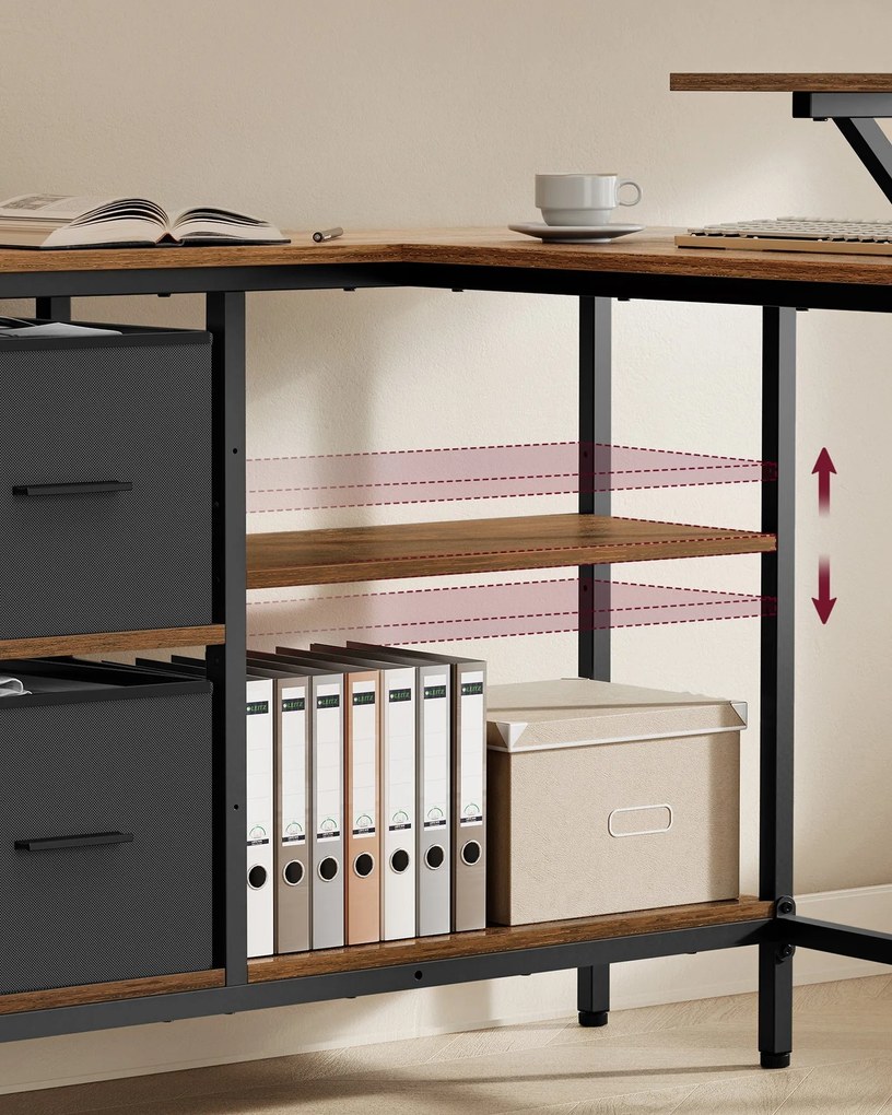 L-alakú íróasztal 2 tágas fiókkal,  állítható tárolópolccal, rusztikus barna