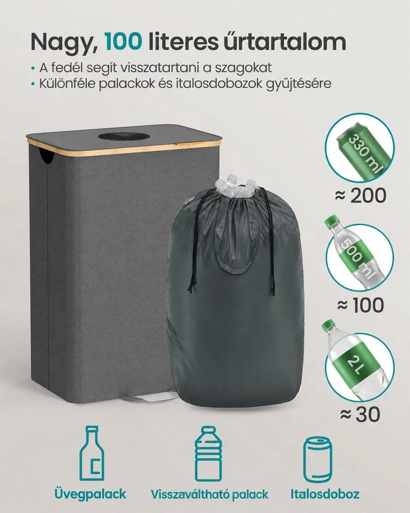 Palackgyűjtő visszaváltható palackokhoz, 100 L, kivehető belső zsákkal, szürke-bézs