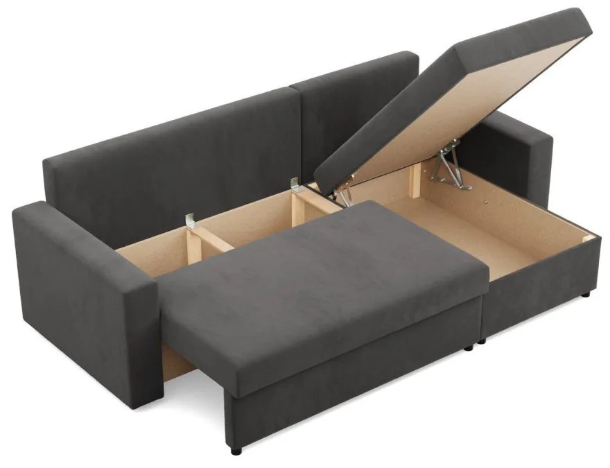 Zeus sarokkanapé, 2 ágyneműtartóval, egyenes kartámasz, szövet anyag, univerzális oldal, hab töltet, szürke