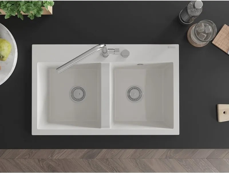 Mexen Hektor gránit mosogató 2-medencés 800 x 480 mm, fehér, króm szifon - 6521802000-20