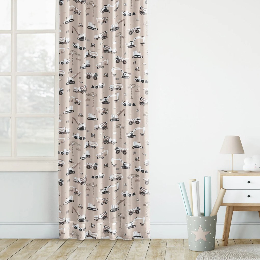 Goldea pamut gyerekfüggöny - teherautók és markolók bézs alapon 180x150 cm