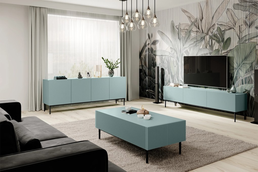 Nicole 200 cm-es TV-szekrény - zsálya MDF / fekete lábak