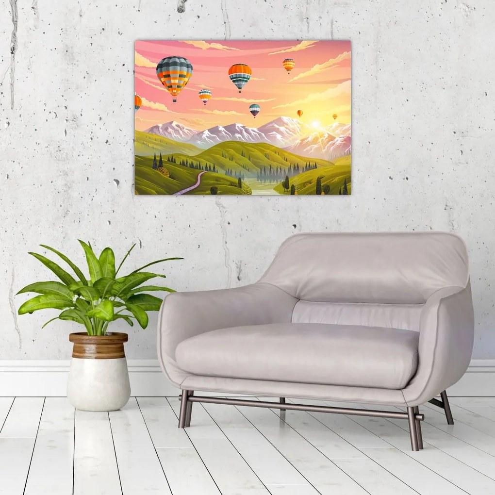 Léggömbök képe a táj felett (üvegen) (70x50 cm)