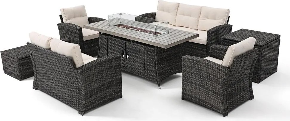 AVENBERG MONOPOLI kerti rattan ülőgarnitúra beépített gázüzemű tűzrakóhellyel és két tárolódobozzal