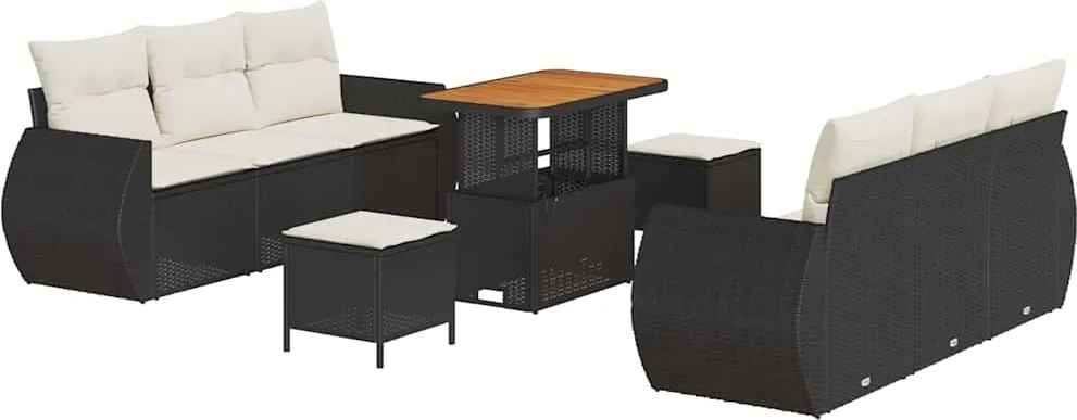 vidaXL Kerti Kanapé Szett párnával tárolóval 9 pcs Fekete polirattan