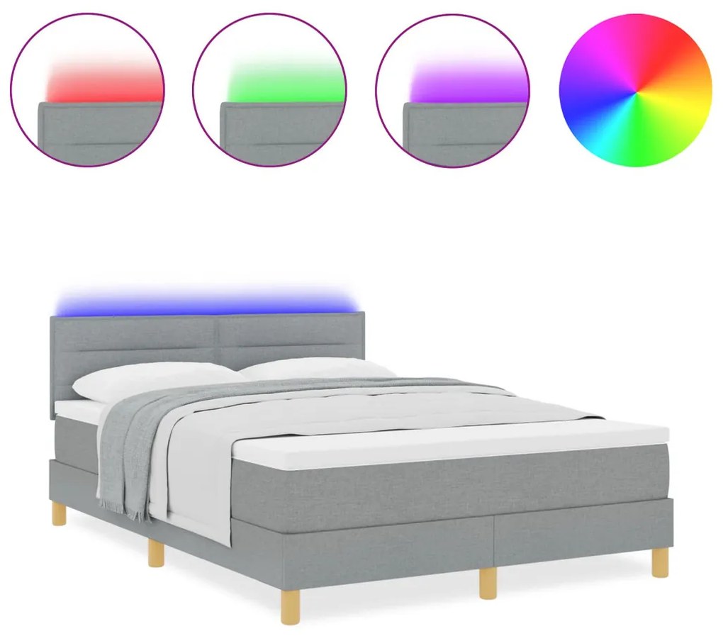 Box Spring Ágy Matraccal & LED Világosszürke 140x190 cm Szövet