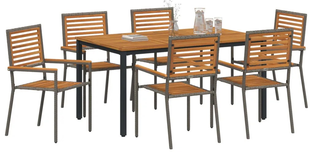 7 darabos Kerti Étkezőszett Szürke Poli Rattan Akácia, Összecsukható Kerti Székek párnázattal 2 db Szürke Poli Rattan, Kerti Asztal 150x90x75 cm Szilárd Akácia Fa és Fém