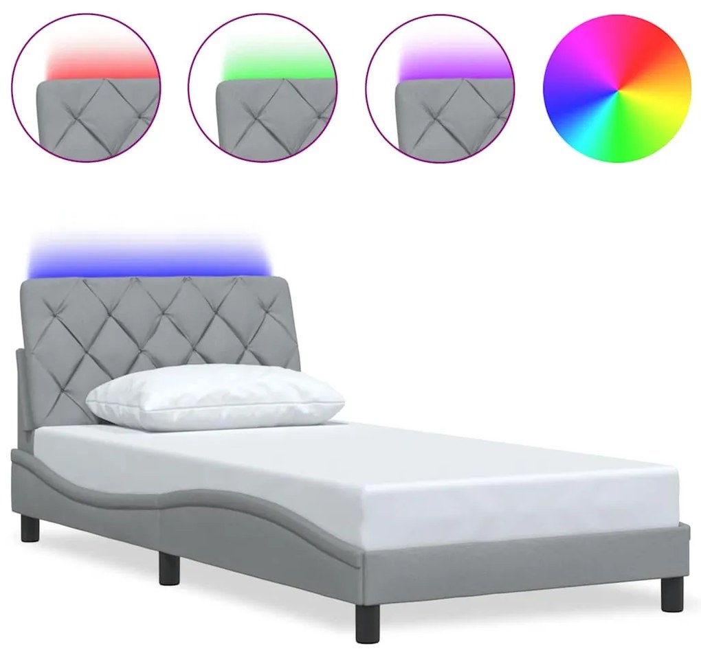 világosszürke szövet ágykeret LED-ekkel matrac nélkül 100x200cm