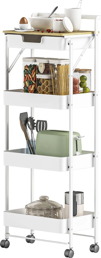 HOMCOM 4-Szintes Használati Kocsi Kerekekkel, Konyhai Kocsi 1 Fiókkal és 3 Kosárral, Szervező Kocsi a Hálószobába, Nappaliba, Irodába - Fehér | Aosom
