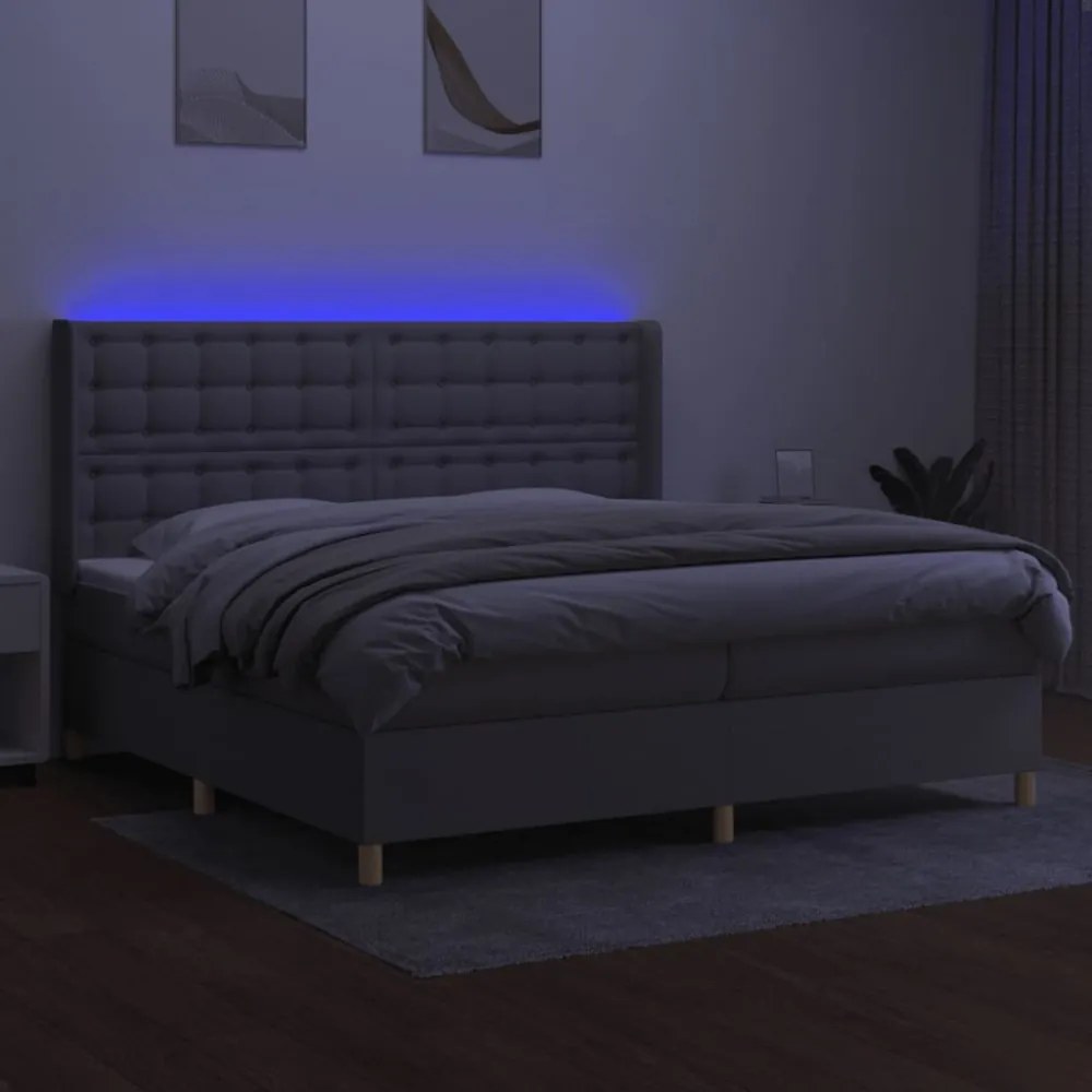 világosszürke szövet rugós és LED-es ágy matraccal 200x200 cm