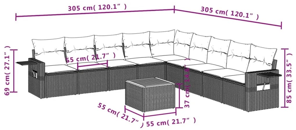 10 részes fekete polyrattan kerti ülőgarnitúra párnákkal