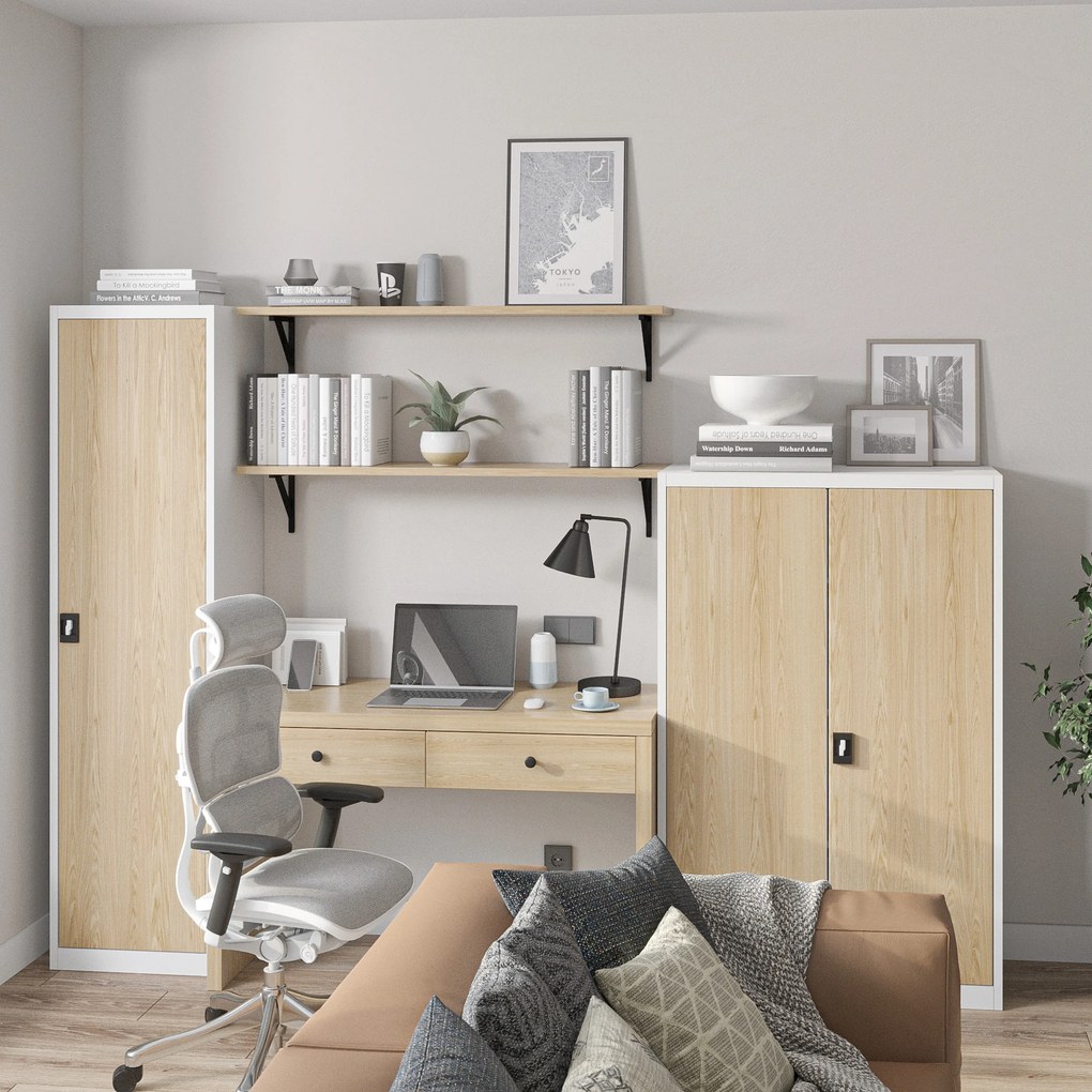 Alacsony fém irodai szekrény 3 polccal, fehér/sonoma tölgy, 900x1400x400 mm: KEVIN Eco Design