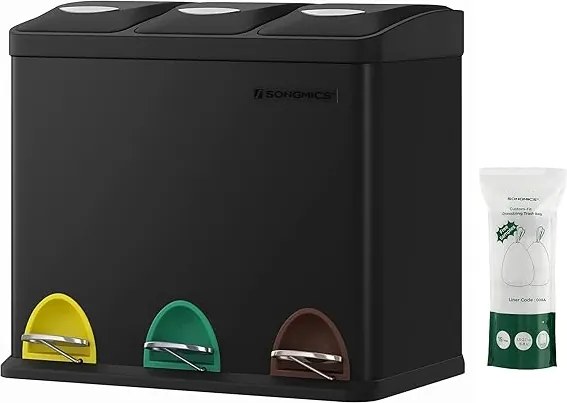 Szemeteskosár Háromrekeszes 24L Szemeteskosár 3 x 8L Acél Fekete