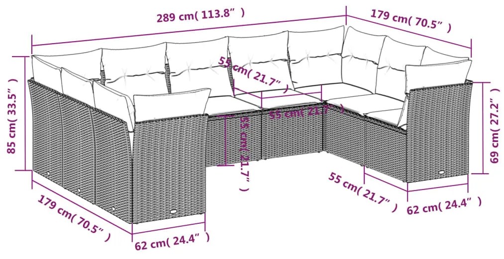 9 részes szürke polyrattan kerti ülőgarnitúra párnákkal