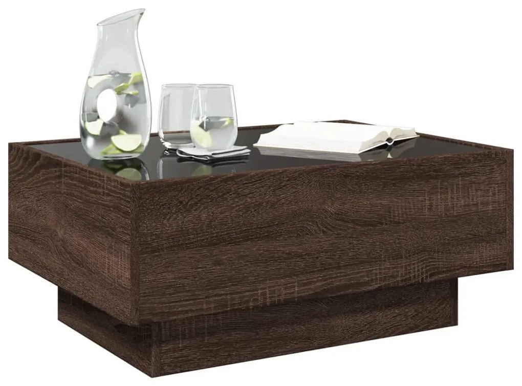 Barna tölgy szerelt fa dohányzóasztal LED-del 70 x 50 x 30 cm