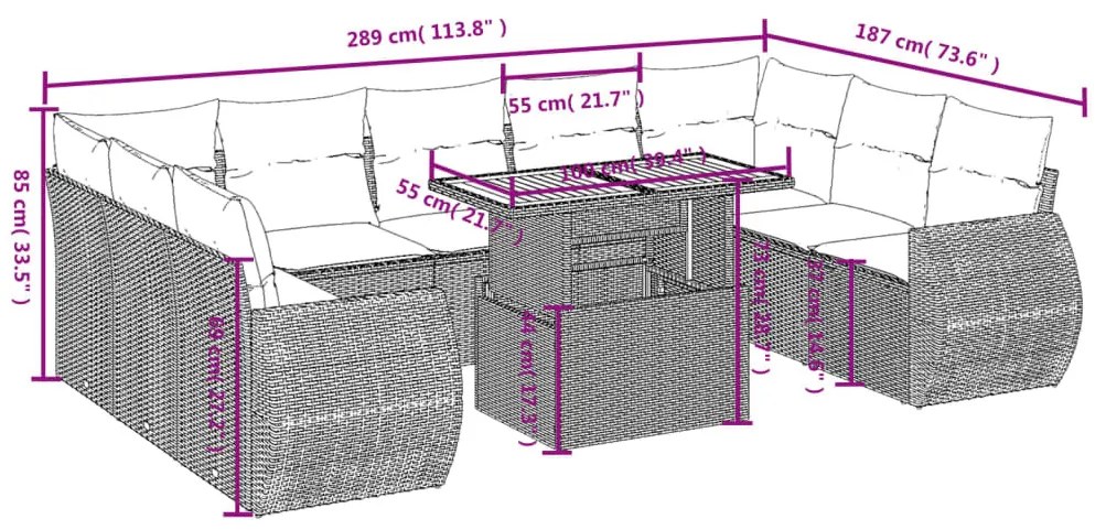 10 részes szürke polyrattan kerti ülőgarnitúra párnákkal