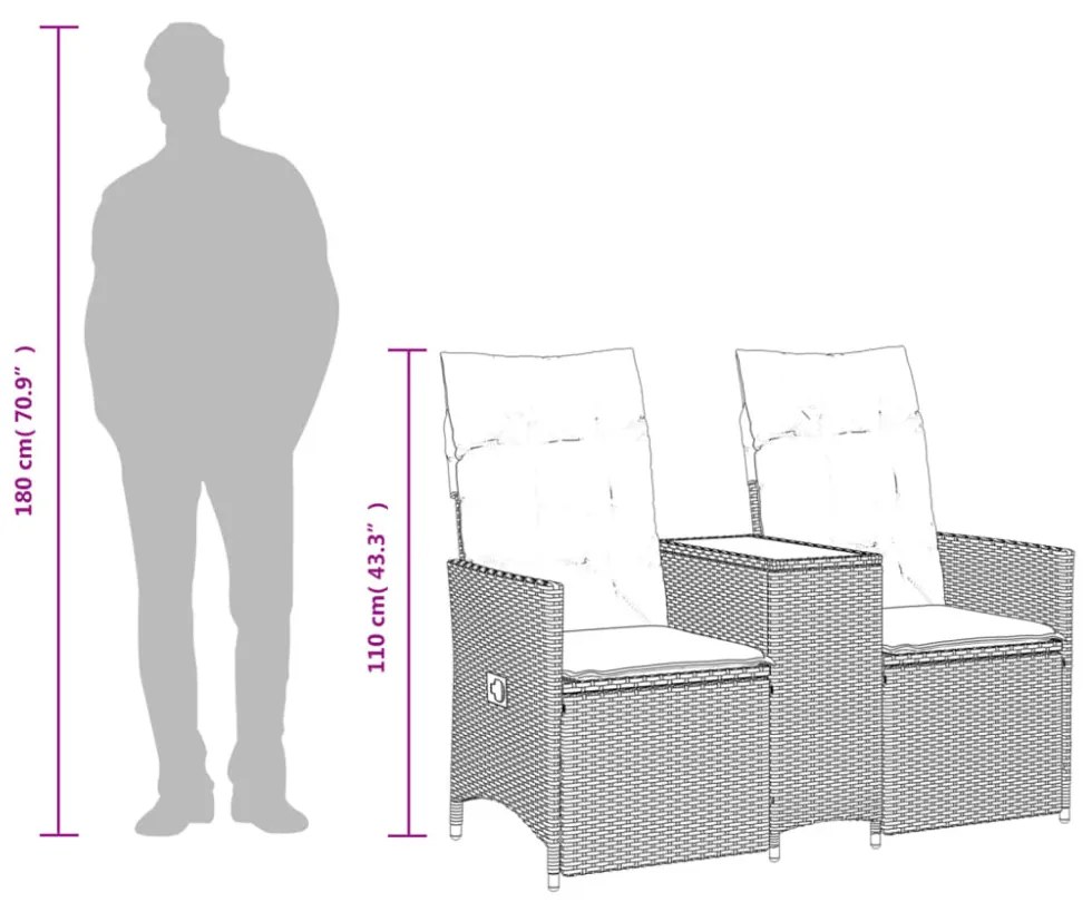 2 személyes fekete polyrattan dönthető kerti kanapé asztallal
