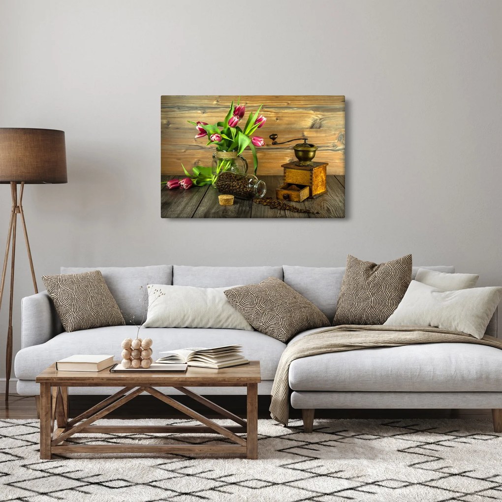 Tulipánok, daráló és kávé képe (90x60 cm)