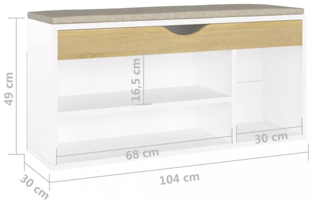 fehér és sonoma tölgy színű cipőtároló pad párnával 104x30x49cm
