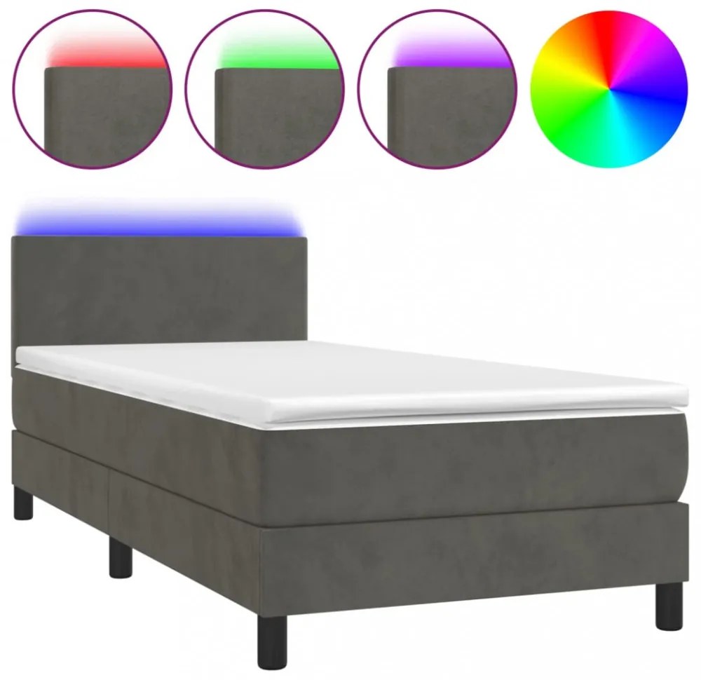 sötétszürke bársony rugós és LED-es ágy matraccal 90x190 cm